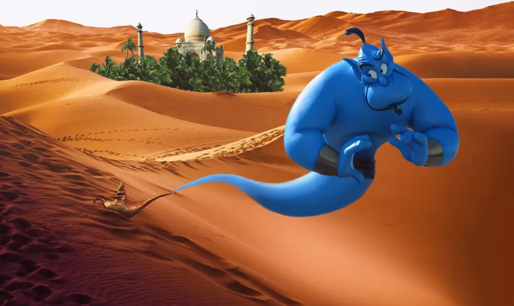 Blue Genie attached to gold lamp in desert