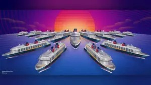 13 sailing cruise ships with sun rise concept art