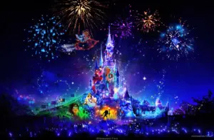 concept image of disney characters on sleeping beauty castle night time 