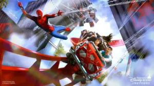 concept art spiderman swinging in front of coaster cart full of people on ride track 