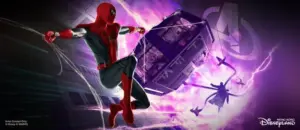 spider man web slinging to catch obstacle above Doc Ock purple background concept art d23 announcement