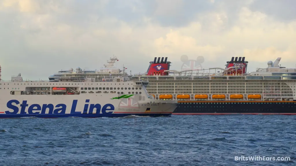 The Disney Dream dwarfs the Stena Embla car ferry as they pass in opposite directions