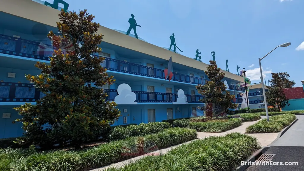 One of the buildings at All Star Movies with green toy soldiers on the roof